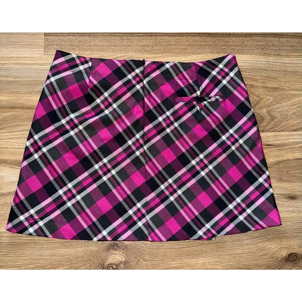Lady Hagen Pink/Black Plaid Pleated Golf Skort with Buckle - size 12 - OD